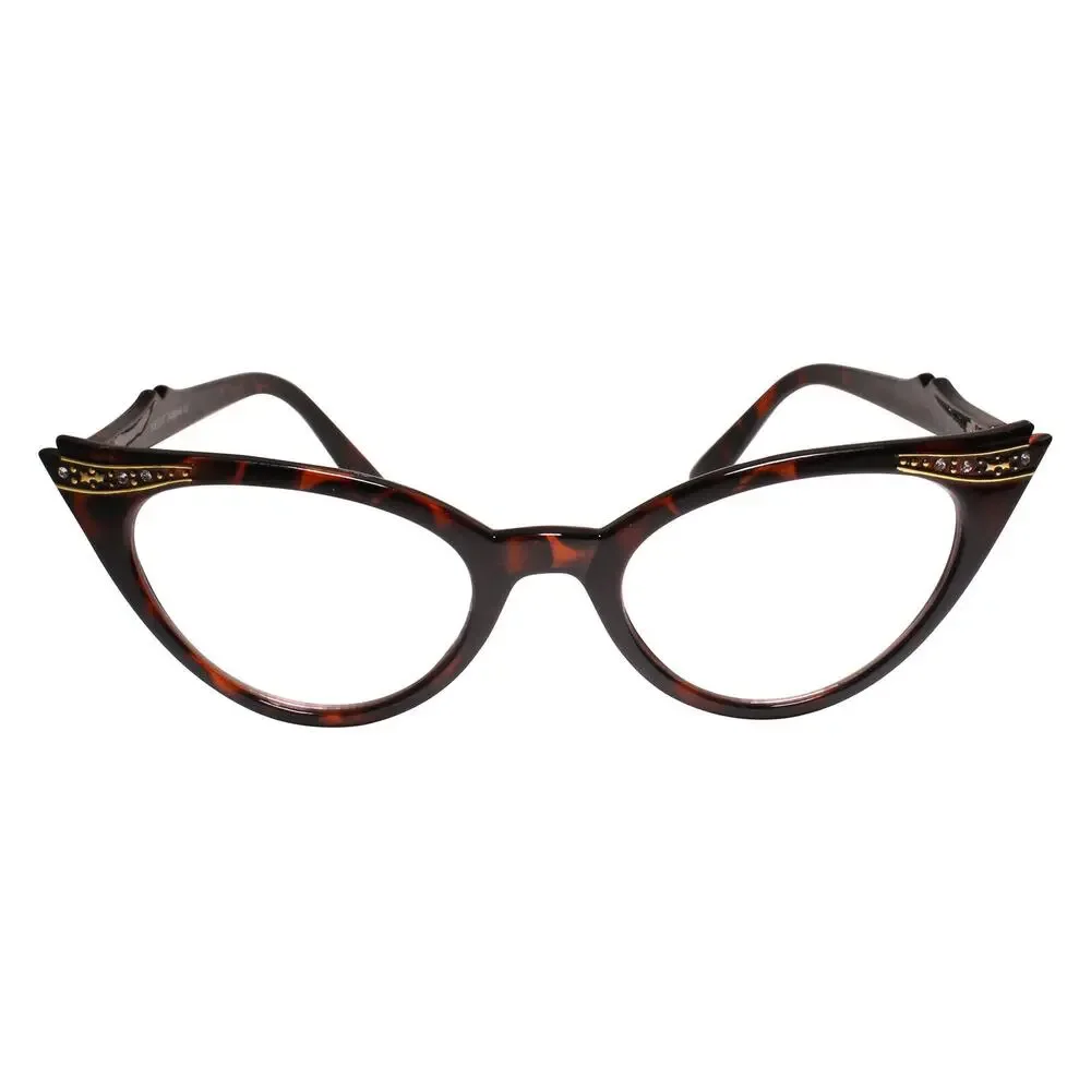 Womens Tortoise Cat Eye Clear Lens Glasses Gold Rhinestone Retro